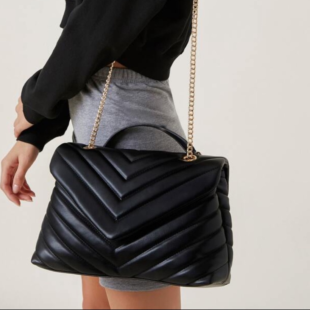 Black Faux Leather Quilted Crossbody Bag